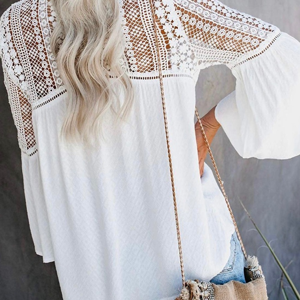 New White Lace Festival Button Front Blouse Top Boho Western Womens Modern Style - Picture 6 of 9